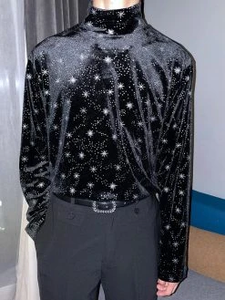 Mens Turtleneck Velvet Glittering Long Sleeve T-Shirt