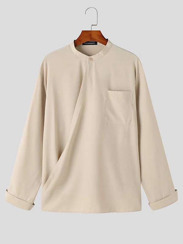 Mens Solid Stand Collar Wrap Design Long Sleeve Shirt 7 Mens Solid Stand Collar Wrap Design Long Sleeve Shirt - Image 5