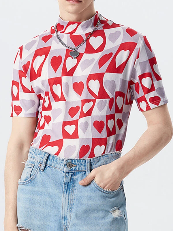 Mens Heart Graphic Half-Collar Short Sleeve T-Shirt 6 Mens Heart Graphic Half-Collar Short Sleeve T-Shirt - Image 4