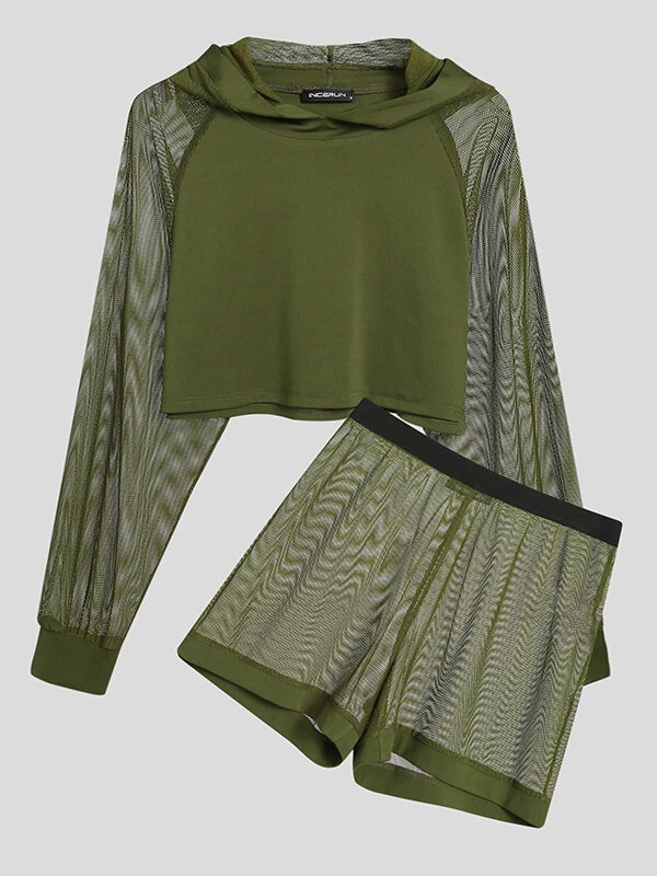Men Hooded Mesh Patchwork Crop Top Shorts Set 3 Men Hooded Mesh Patchwork Crop Top Shorts Set