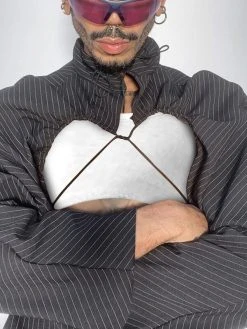 Mens Hollow Striped Drawstring Lapel Crop Tops