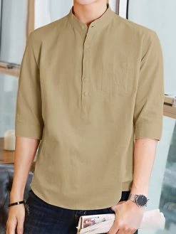 Mens Solid Half Button 100%Cotton 3/4 Sleeve Henley Shirt -Incerun Shop 7ea850e3 761b 4839 b2f3 48857d2a8d5c