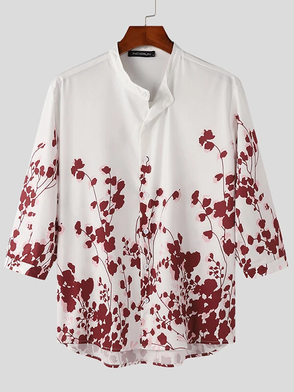 Mens Floral Plant Print Stand Collar 3/4 Sleeve Shirt 4 Mens Floral Plant Print Stand Collar 3/4 Sleeve Shirt - Image 2