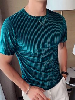 Mens Velvet Striped Round Neck Casual T-shirts