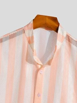 Mens Striped Mesh See Through Short Sleeve Shirt -Incerun Shop 7f831318 3bee 40c4 858c 5065771af726
