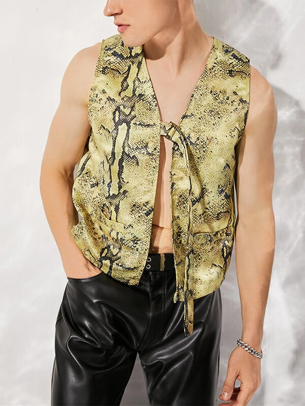 Men Sexy Snakeskin Print Open Front Waistcoat 3 Men Sexy Snakeskin Print Open Front Waistcoat
