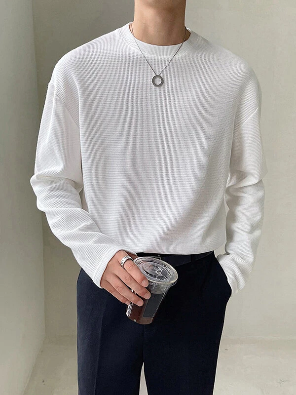 Mens Round Neck Waffle Long Sleeve T-Shirt 4 Mens Round Neck Waffle Long Sleeve T-Shirt - Image 2