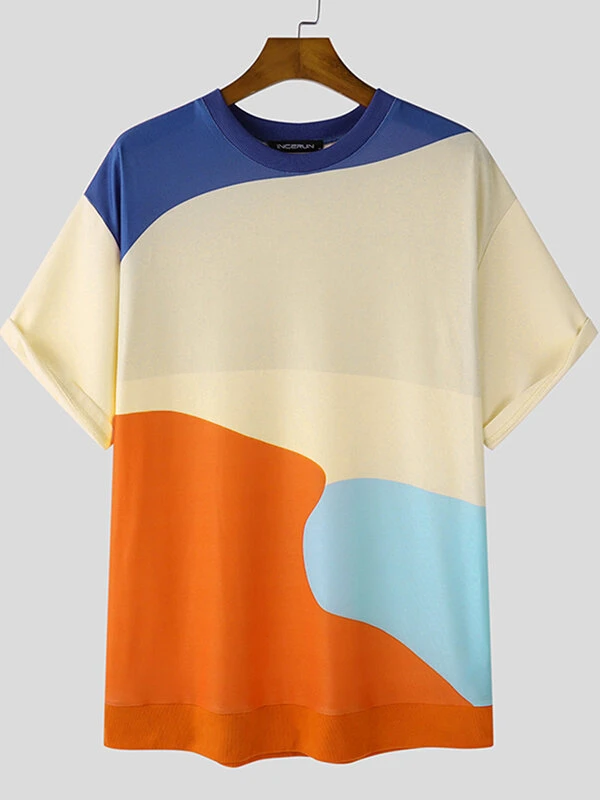 Mens Color Block Patchwork Short Sleeve T-Shirt 6 Mens Color Block Patchwork Short Sleeve T-Shirt - Image 4