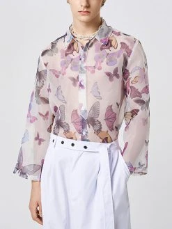 Mens Butterfly Print See Through Lapel Button Up Shirt