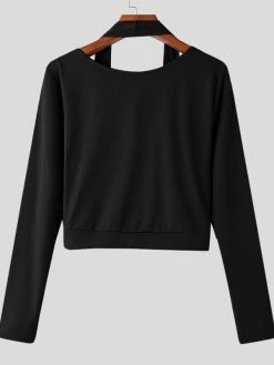 Mens Solid Long Sleeve Cutout Halter T-shirt -Incerun Shop 80eacee4 2ab1 4954 b11d e72f919264d8