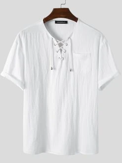 Mens Solid Drawstring V-Neck Cotton Short Sleeve T-Shirt -Incerun Shop 811a7ae5 3506 4f3f a21a 853a71dd4a2a