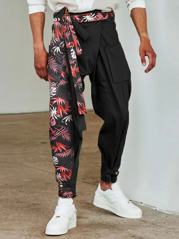 Men Palm Print Spliced Patchwork Belted Pants 6 Men Palm Print Spliced Patchwork Belted Pants - Image 4