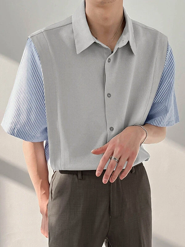 Mens Striped Patchwork Fake Two-Piece Shirt 4 Mens Striped Patchwork Fake Two-Piece Shirt - Image 2