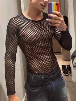 Mens Mesh See Through Long Sleeve T-Shirt