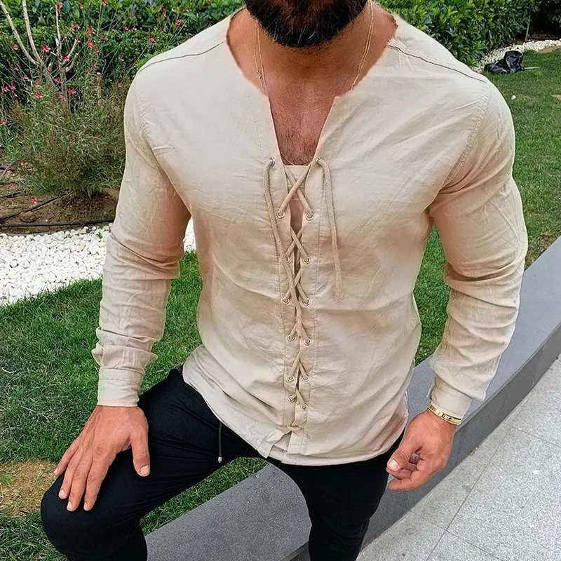 Mens 100% Cotton Pure Color Loose Lace Up Long Sleeve T-Shirts 11 Mens 100% Cotton Pure Color Loose Lace Up Long Sleeve T-Shirts - Image 9
