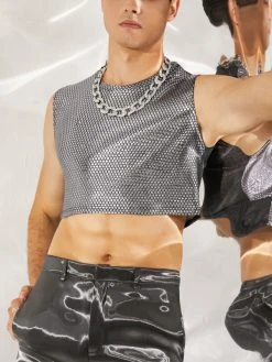 Mens Bright Silver Back Mesh Crop Top