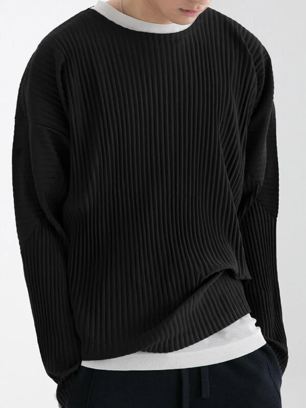 Mens Pleated Round Neck Long Sleeve T-Shirt 6 Mens Pleated Round Neck Long Sleeve T-Shirt - Image 4