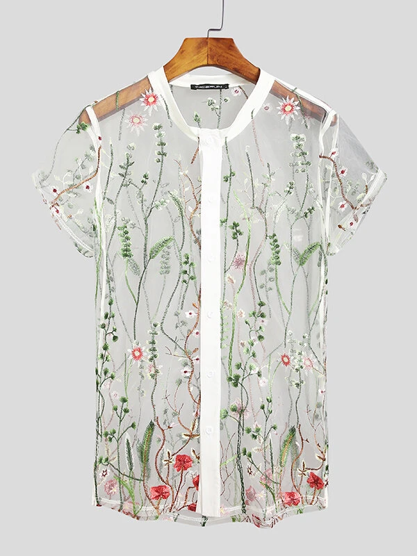 Men Plant Floral Embroidery Thin See Through Fashion Shirt 6 Men Plant Floral Embroidery Thin See Through Fashion Shirt - Image 4