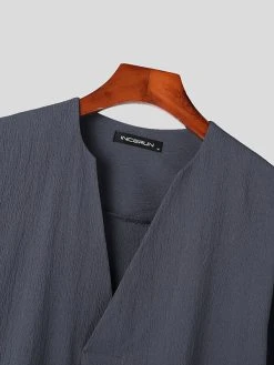 Mens Solid Texture V-Neck Casual Two Pieces Outfits -Incerun Shop 8421aea2 2643 4825 a83e 6c2c1534555f