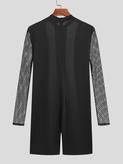 Mens Fishnet Patchwork Crew Neck Long Sleeve Bodysuit -Incerun Shop 84327b0f fac2 4a81 815a dd2b83824197