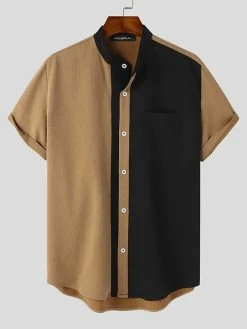 Mens Contrast Patchwork Stand Collar Short Sleeve Shirt