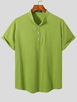 Mens 100% Cotton Stand Collar Henley Shirt -Incerun Shop 84992bec d784 49d3 a1b5 24a587695565