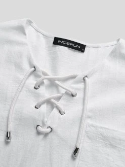 Mens Solid Drawstring V-Neck Cotton Short Sleeve T-Shirt -Incerun Shop 84fdd950 9586 4a8a 9ee8 2f835816689e