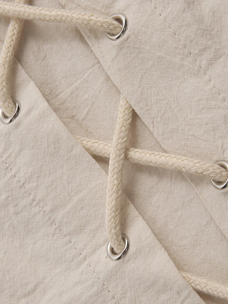 Mens 100% Cotton Pure Color Loose Lace Up Long Sleeve T-Shirts 6 Mens 100% Cotton Pure Color Loose Lace Up Long Sleeve T-Shirts - Image 4