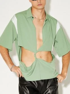 Mens Twist Front Cutout Color Block Shirt