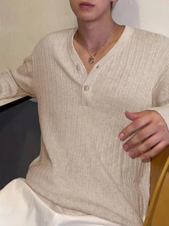 Mens Pit Striped V-neck Long-sleeved T-shirt