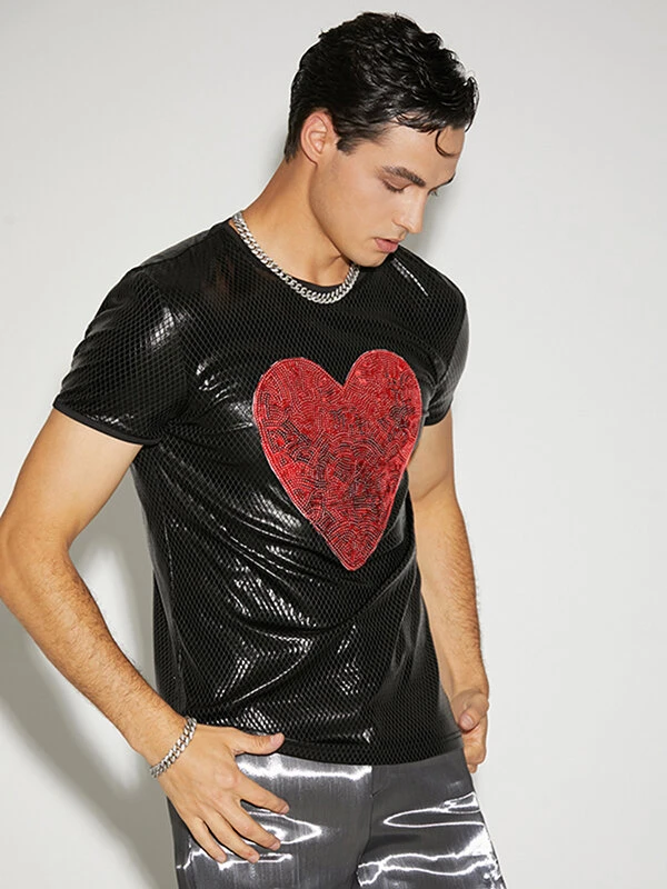 Mens Shiny Metallic Love Heart Patch T-Shirt 4 Mens Shiny Metallic Love Heart Patch T-Shirt - Image 2
