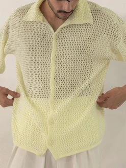 Mens Mesh See Through Lapel Short Sleeve Loose Shirt