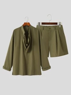 Mens Solid Cowl Neck Casual Two Pieces Outfits -Incerun Shop 88633c4e ebc1 49d3 9be0 e7e89beac486