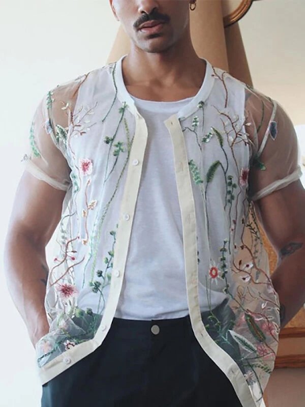 Men Plant Floral Embroidery Thin See Through Fashion Shirt 3 Men Plant Floral Embroidery Thin See Through Fashion Shirt