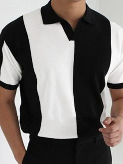 Mens Color Block Patchwork Casual Short Sleeve Golf Shirt
