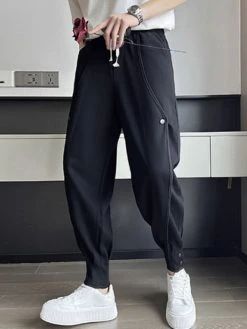 Mens Contrast Binding Snap Button Design Pants