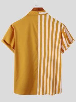 Mens Striped Pattern Patchwork Button Short Sleeve Shirt -Incerun Shop 8a6ebc87 665e 457e 89ff 3c5c176463e5