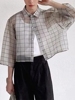 Mens Plaid Sheer Mesh See Through Shirt