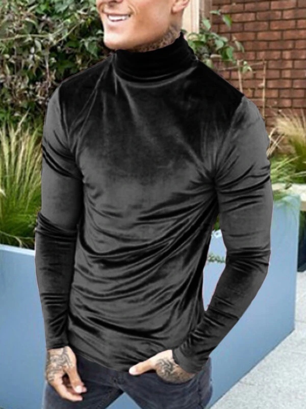 Men Suede High Neck Long Sleeve T-Shirt 6 Men Suede High Neck Long Sleeve T-Shirt - Image 4