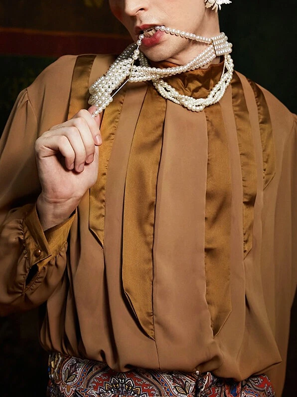 Men Pleated High Neck Long Sleeve Shirt 9 Men Pleated High Neck Long Sleeve Shirt - Image 7