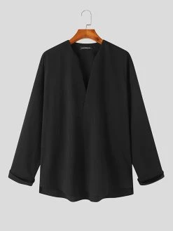 Mens Solid Texture Notched Neck Long Sleeve Shirt -Incerun Shop 8c96fbd8 606e 4f94 9acc dad6e3a6a27c