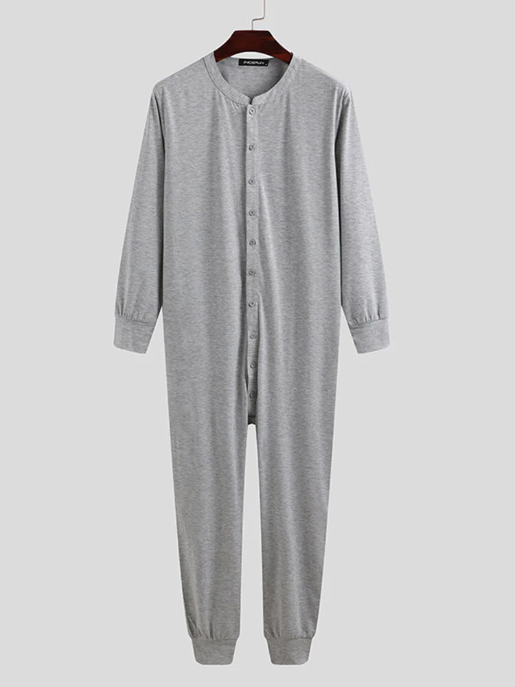 Pure Color Casual Thin Soft Home Long Sleeve O-Neck Button Jumpsuit Onesies For Men 4 Pure Color Casual Thin Soft Home Long Sleeve O-Neck Button Jumpsuit Onesies For Men - Image 2