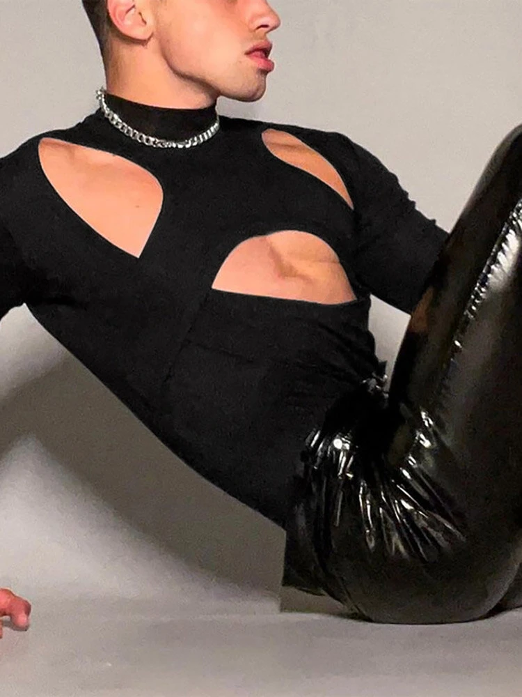 Mens Hollow High Neck Slim Long Sleeve T-shirt 4 Mens Hollow High Neck Slim Long Sleeve T-shirt - Image 2