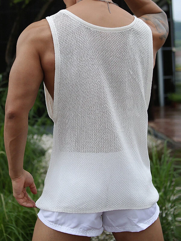Mens Knit Hollow Out Scoop Neck Sleeveless Tank 4 Mens Knit Hollow Out Scoop Neck Sleeveless Tank - Image 2