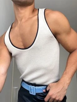 Mens Contrast Binding Rib-Knit Sleeveless Tank