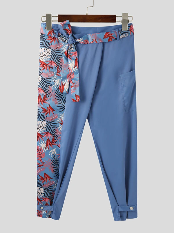 Men Palm Print Spliced Patchwork Belted Pants 8 Men Palm Print Spliced Patchwork Belted Pants - Image 6