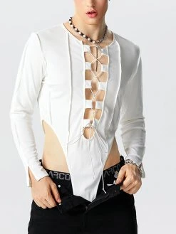 Mens Solid Lace-Up Long Sleeve Bodysuit -Incerun Shop 9057cb90 776e 41b0 99bd b0298029bac2