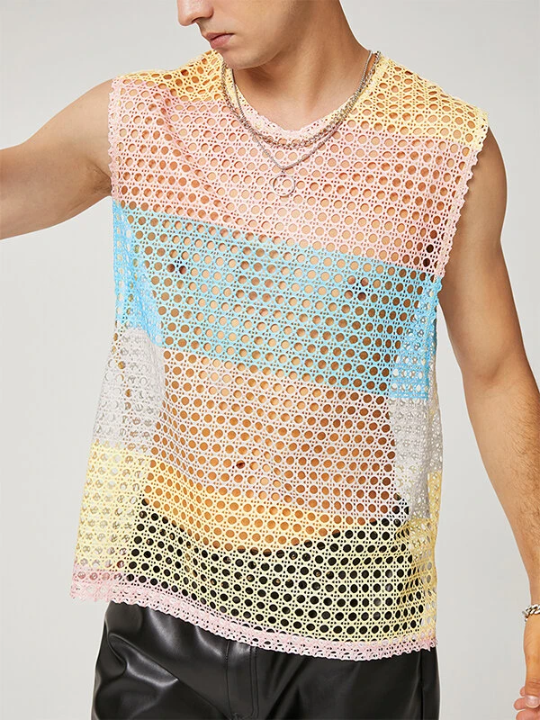 Mens Mesh Fishnet See Through Color Block Tank 4 Mens Mesh Fishnet See Through Color Block Tank - Image 2