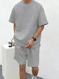 Mens Texture Side Split Short Sleeve Casual Two Pieces Outfits