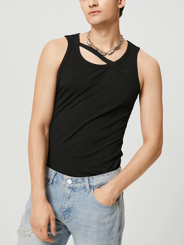 Mens Diagonal Strap Solid Color Casual Ribbed Tank 5 Mens Diagonal Strap Solid Color Casual Ribbed Tank - Image 3